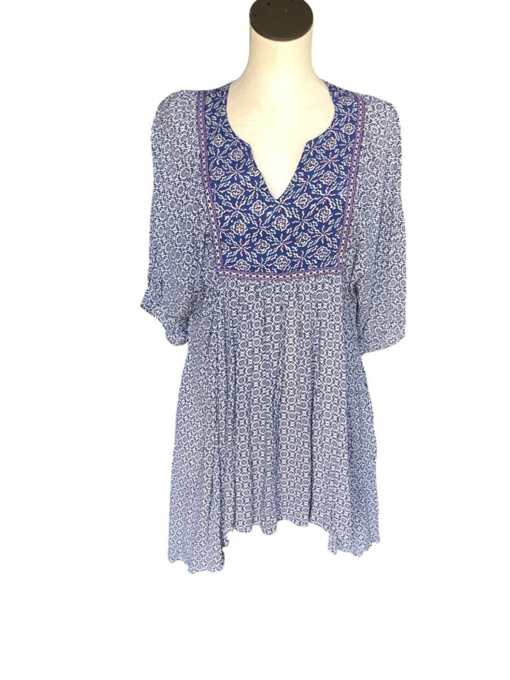 Umgee USA Tunic Boho Top Womens S Embroidered Oversized Blue White Flowy Gypsy